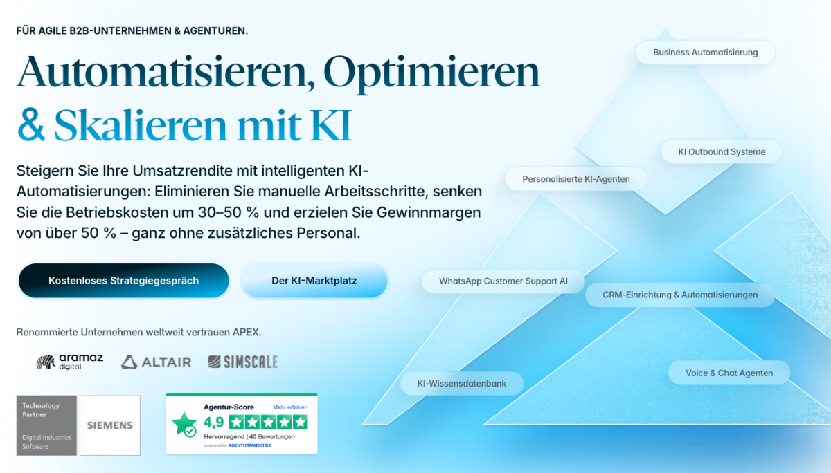 Wir konzipieren und entwickeln maßgeschneiderte KI-Automatisierungen, die operative Reibungsverluste beseitigen, neue Umsatzpotenziale erschließen und Ihrem Team den Freiraum geben, sich auf das Wesentliche zu konzentrieren. Persönlich umgesetzt von unseren KI- & Automatisierungsexperten – mit messbaren Ergebnissen in Wochen, nicht Quartalen.