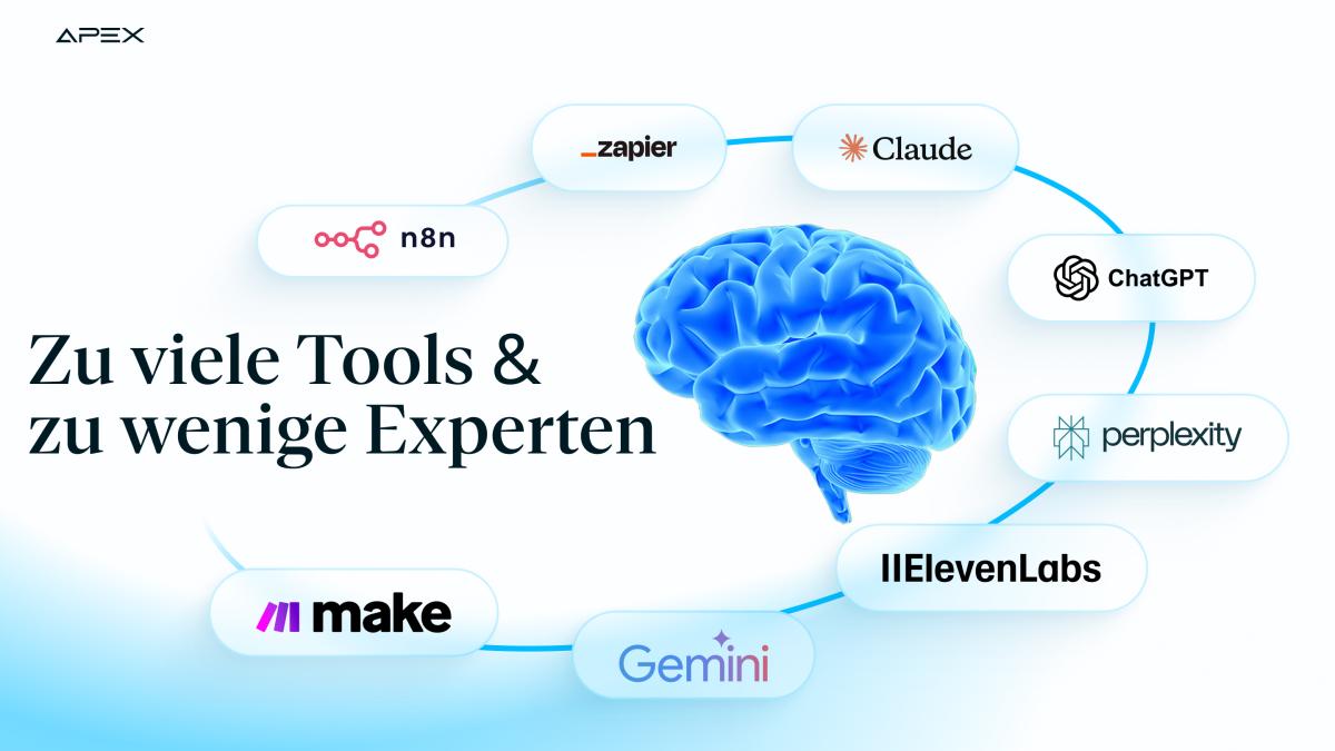 Diese Grafik zeigt, dass viele Unternehmen heute mit einer Vielzahl an KI- und Automatisierungstools arbeiten, jedoch oft nicht über die nötige Expertise verfügen, um ihr volles Potenzial auszuschöpfen. Sie macht deutlich, dass nicht die Anzahl der Tools entscheidend ist, sondern deren gezielte Orchestrierung und strategische Nutzung.