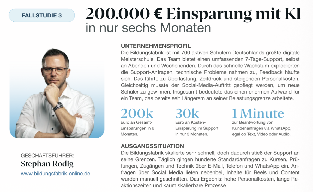 Auszug aus unserem APEX KI-Automatisierungs-Report: Die Bildungsfabrik – Deutschlands größte digitale Meisterschule – spart durch unsere KI-Lösungen 200.000 € in nur sechs Monaten, 30k allein im Support. Kundenanfragen per WhatsApp werden jetzt in unter einer Minute beantwortet, egal ob per Text, Video oder Audio.