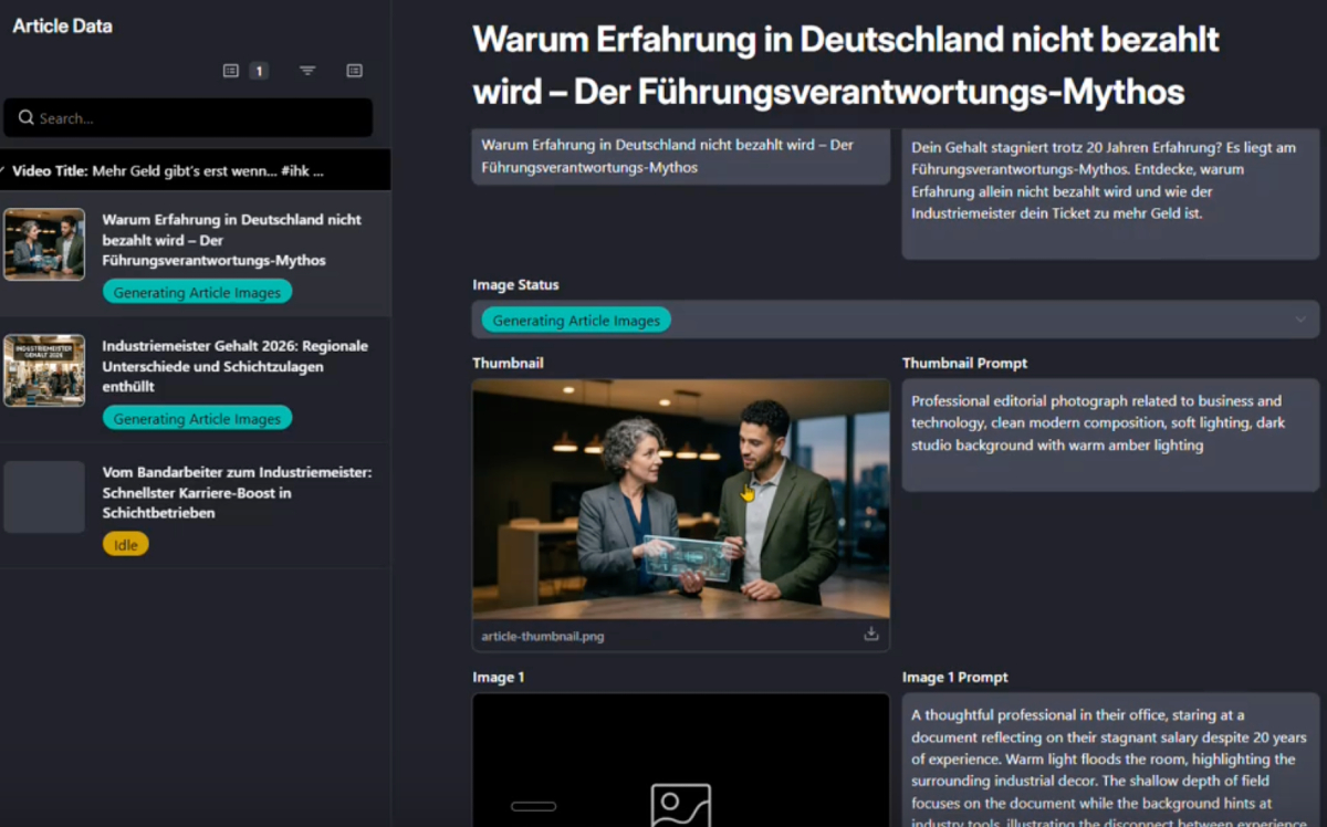 Dieses Airtable-Interface dient als zentrale Steuerzentrale der Automation: Hier werden Artikel verwaltet, Bild-Generierungen ausgelöst und Inhalte gezielt nachbearbeitet. Es ermöglicht, Thumbnails und Artikelbilder jederzeit neu zu generieren, Prompts anzupassen und den gesamten Content-Workflow transparent zu steuern. So entsteht eine flexible Content-Maschine mit voller Kontrolle über Qualität und Output.