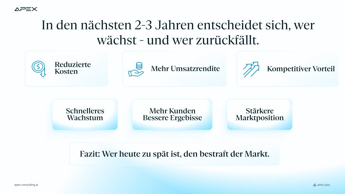 In den nächsten Jahren entscheidet sich, wer mithilfe von KI skaliert und wer stehen bleibt. Unternehmen, die jetzt automatisieren, senken Kosten, steigern Margen und sichern sich den entscheidenden Wettbewerbsvorsprung. Wer zögert, verliert Marktanteile – weil Effizienz bald zum neuen Standard wird.