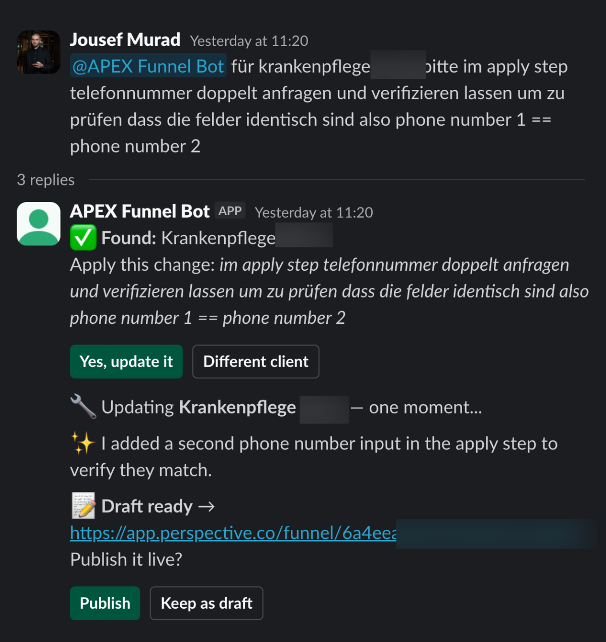 Screenshot einer Slack-Nachricht zur Automatisierung des Funnel-Baus für Krankenpflege.