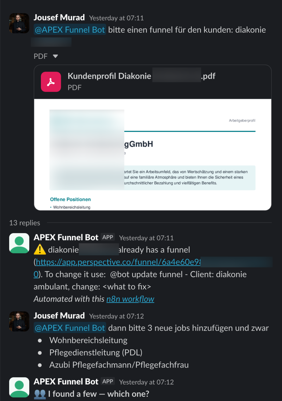 Slack-Chat zur Erstellung eines Funnels mit dem n8n Werkzeug für diakonie.