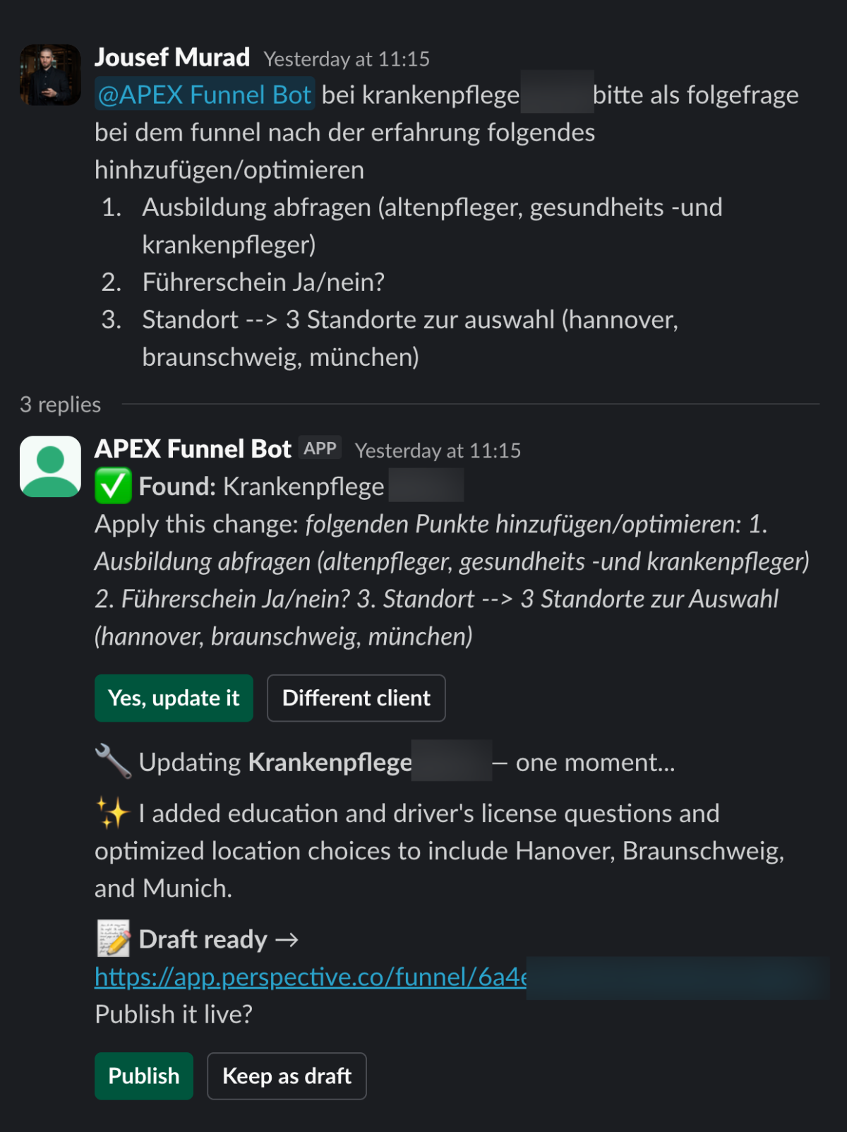 Diskussion über n8n Funnel Erstellung in Slack mit spezifischen Anfragen.