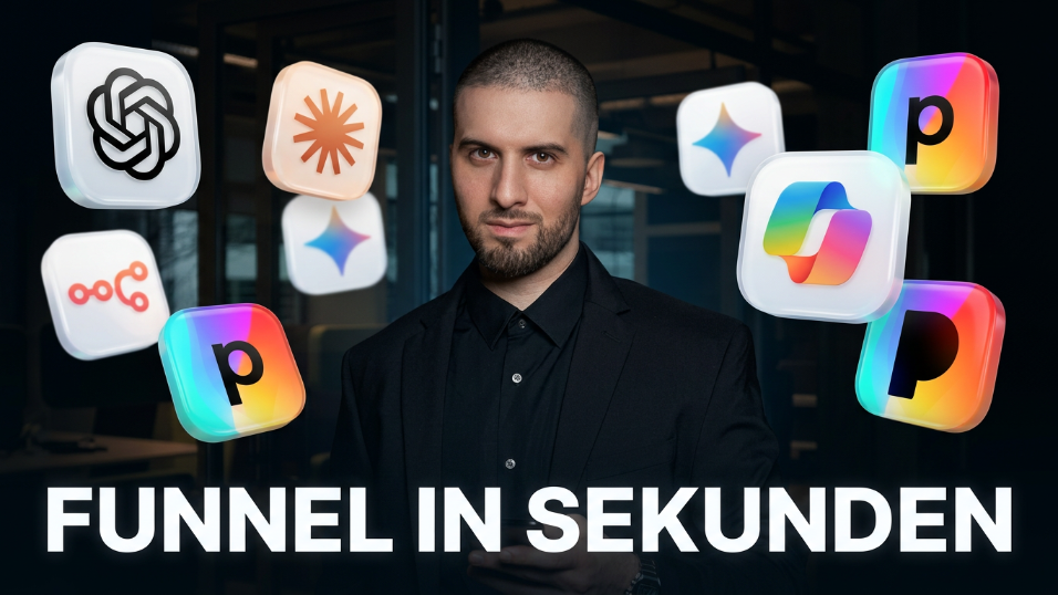 Mann steht vor mehreren KI-Tools und Automatisierungssymbolen, die einen Funnel in Sekunden darstellen.