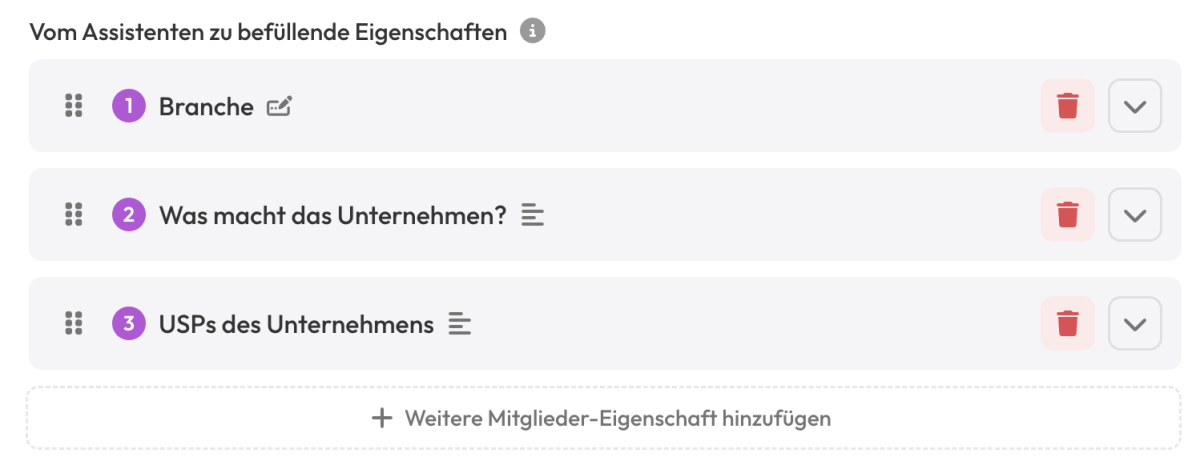 Screenshot von Fragen zum KI-gestützten Onboarding für Unternehmen.