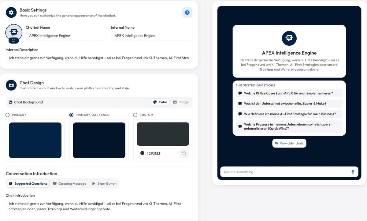 Screenshot der APEX Intelligence Engine, die KI-gestütztes Wissensmanagement präsentiert.