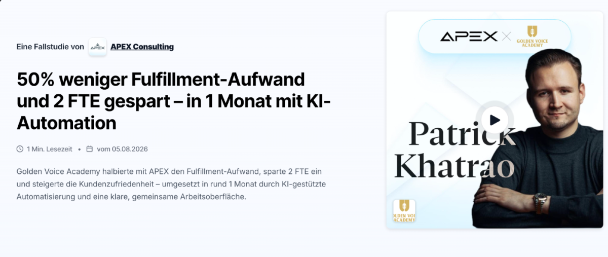 Infografik zu KI-Automation im Unternehmen mit Patrick Khatrao, die 50% weniger Fulfillment-Aufwand zeigt.