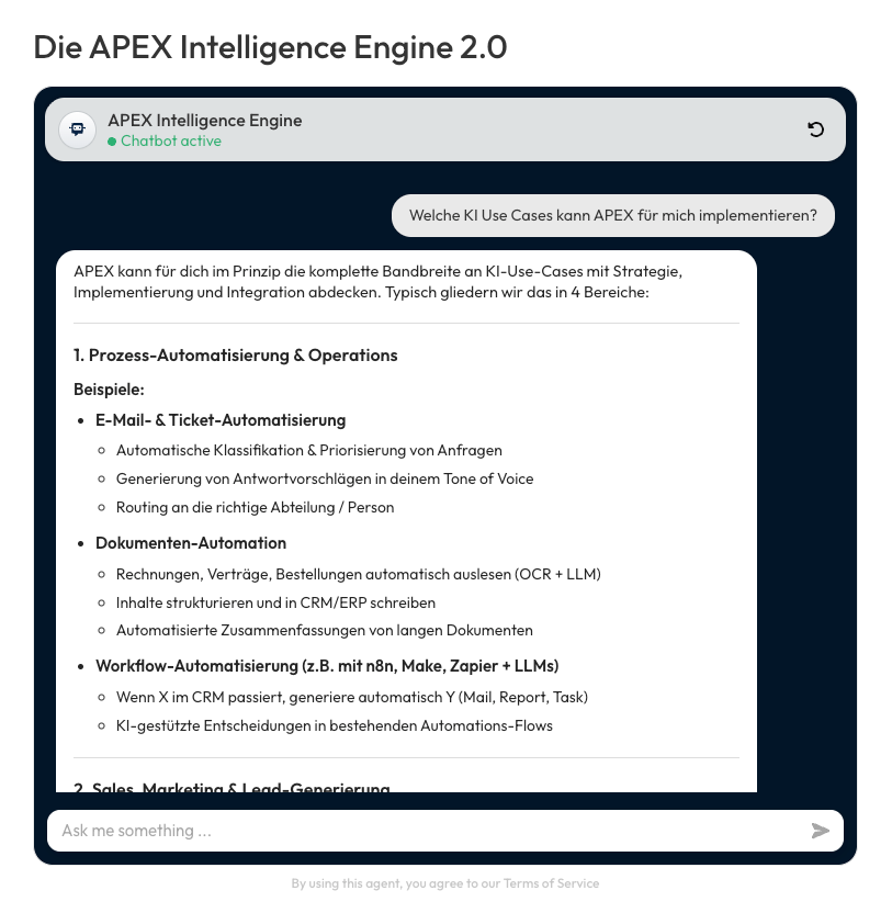 Screenshot der APEX Intelligence Engine 2.0 zur KI Automatisierung.