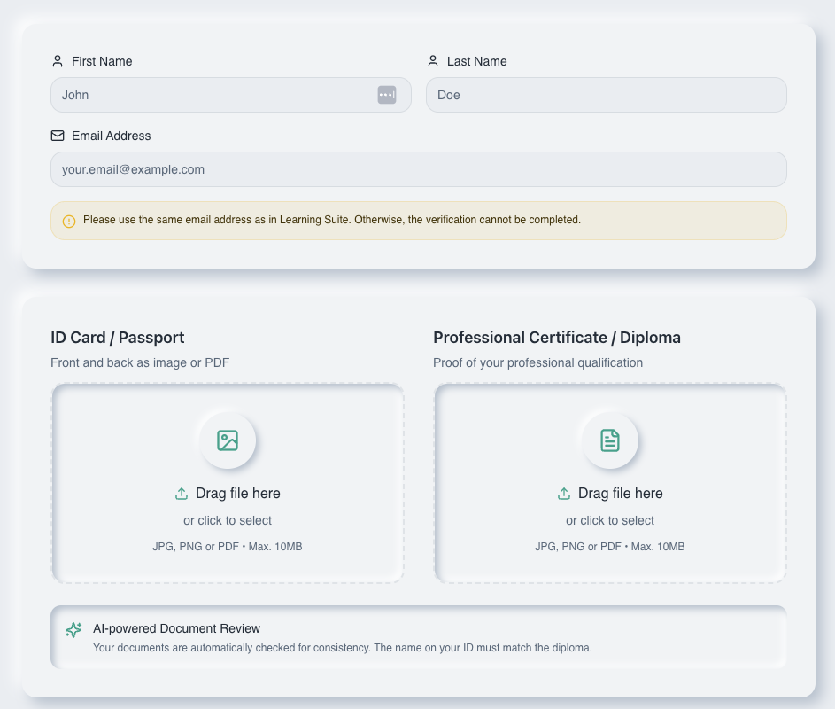 Von uns bei APEX in 3 Wochen umgesetzt: Custom Interface mit KI-Anbindung zur automatisierten Verifizierung von Identitäts- und Qualifikationsdokumenten.