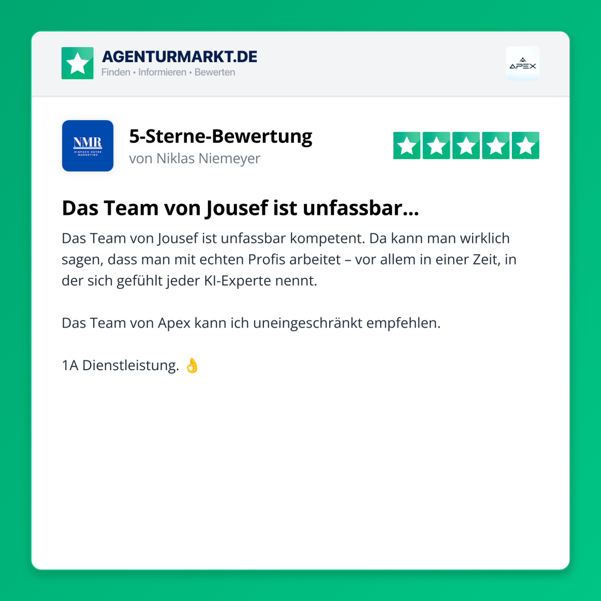 5-Sterne-Bewertung von Niklas Niemeyer über das Team von Jousef zur KI in der Agentur.