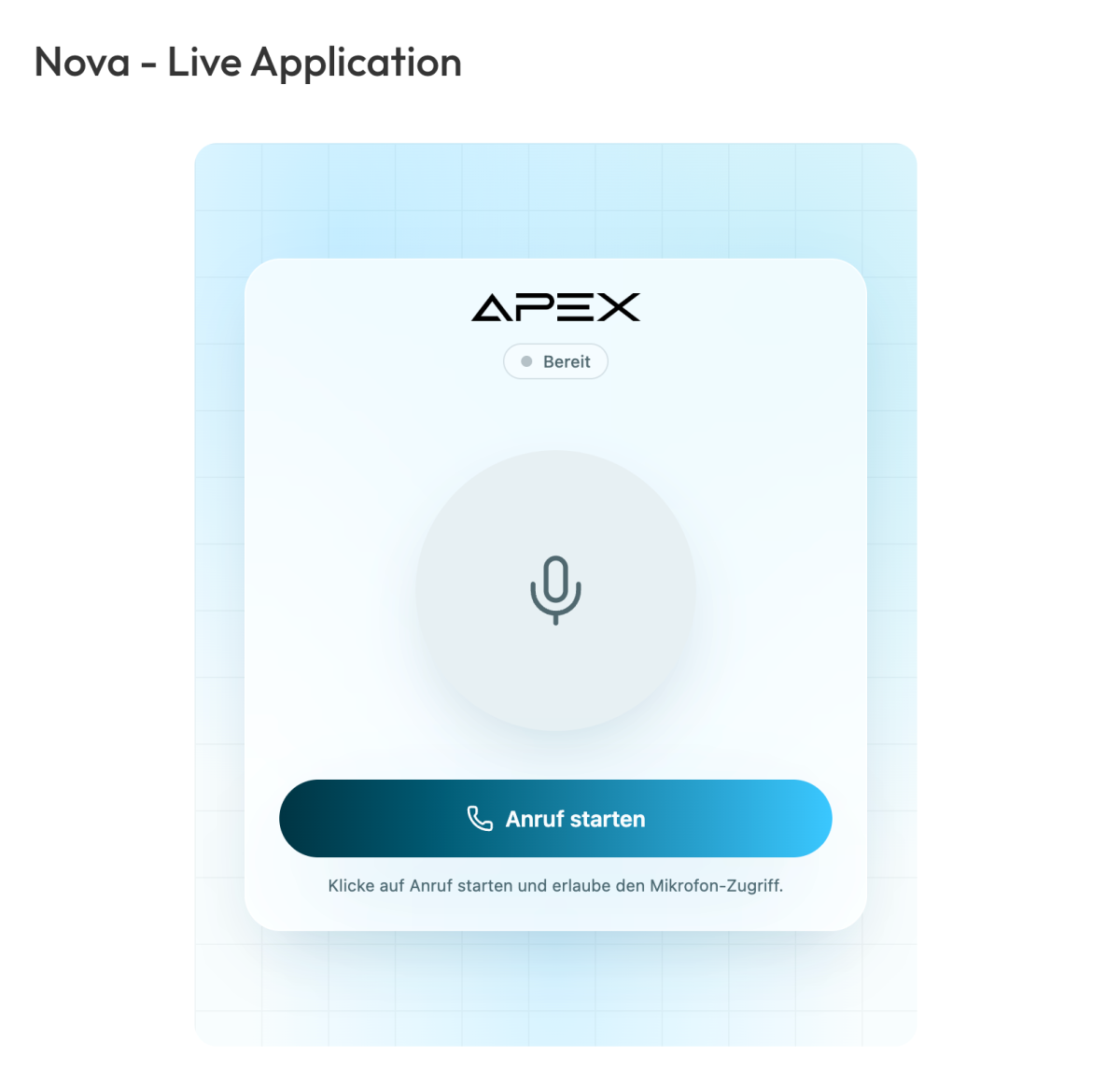 Benutzeroberfläche der Apex Live Application zum Anrufstart mit Voice Agent.
