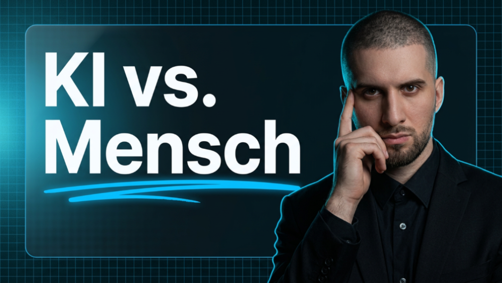 Szenario zeigt den Vergleich von KI vs Mensch, dargestellt mit einem nachdenklichen Model.