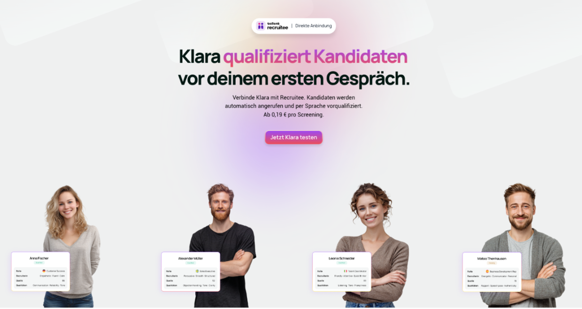 Klara von Aramaz Digital verbindet sich direkt mit deiner Recruitee-Pipeline, startet automatisch Sprachanrufe und protokolliert die Ergebnisse. Kein Copy-Paste, keine Zusatztools. Quelle: https://klara-ai.de/