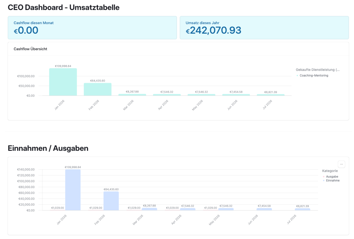 CEO Dashboard mit Umsatzdaten und Einnahmen-Ausgaben-Analyse für KI im Unternehmen.