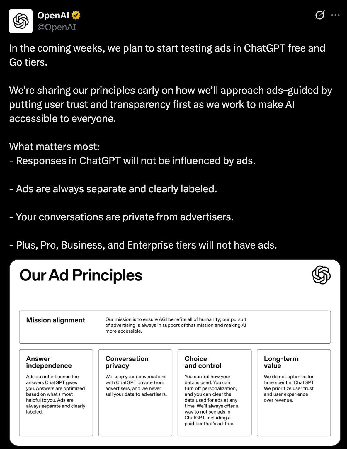 Der offizielle Tweet von OpenAI zum Thema Ads und dazu, wer davon betroffen ist. Quelle: https://x.com/OpenAI/status/2012223373489614951
