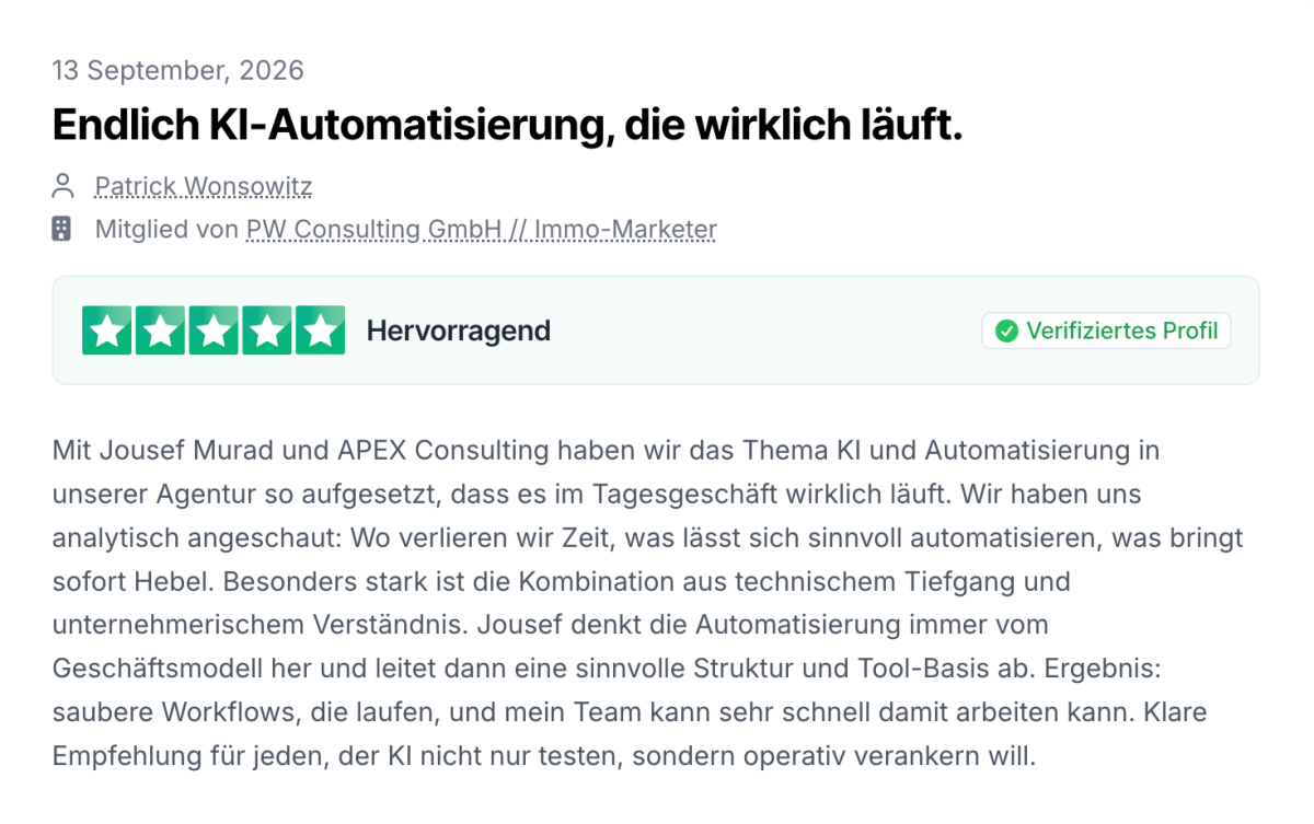 Kundenbewertung zur lokalen KI Automatisierung von APEX Consulting.