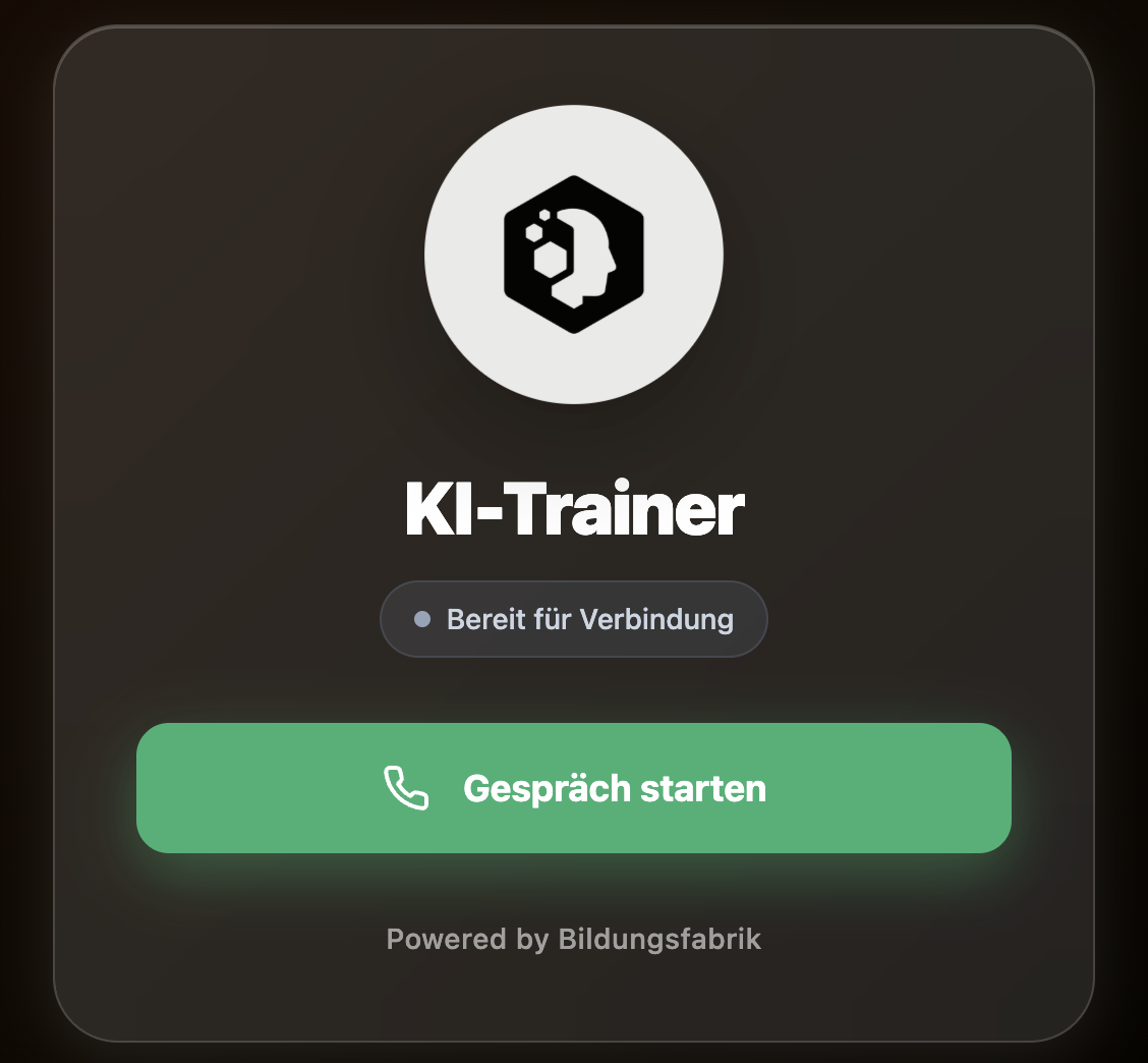 Der KI-Trainer der Bildungsfabrik ermöglicht Kunden ein interaktives Sprachtraining in Echtzeit – direkt per Voice-Interface. Teilnehmer können Gespräche simulieren, Feedback erhalten und gezielt Kommunikationsfähigkeiten verbessern. So wird Lernen praxisnah, flexibel und jederzeit verfügbar.