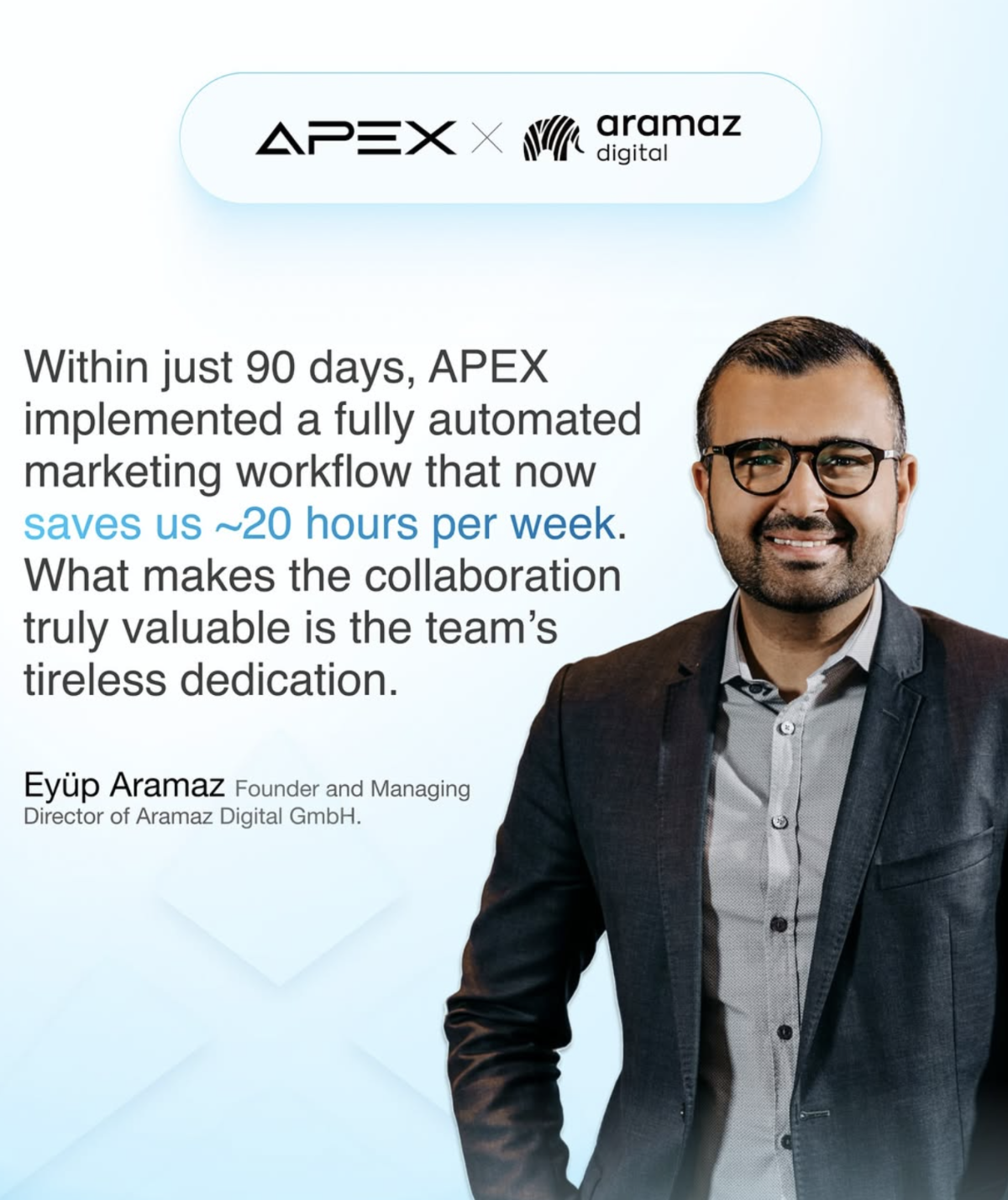 In nur 90 Tagen haben wir bei APEX einen vollständig automatisierten Marketing-Workflow entwickelt und implementiert, der Aramaz Digital nun jede Woche etwa 20 Stunden Arbeit spart. Warum ist diese Zusammenarbeit so leistungsstark? Weil es nicht nur um Automatisierung geht – es geht darum, dem Team die Möglichkeit zu geben, sich auf wichtige Aufgaben zu konzentrieren, es zu skalieren, ohne es zu überlasten, und Systeme zu schaffen, die auch lange nach Abschluss des Projekts das Wachstum fördern.