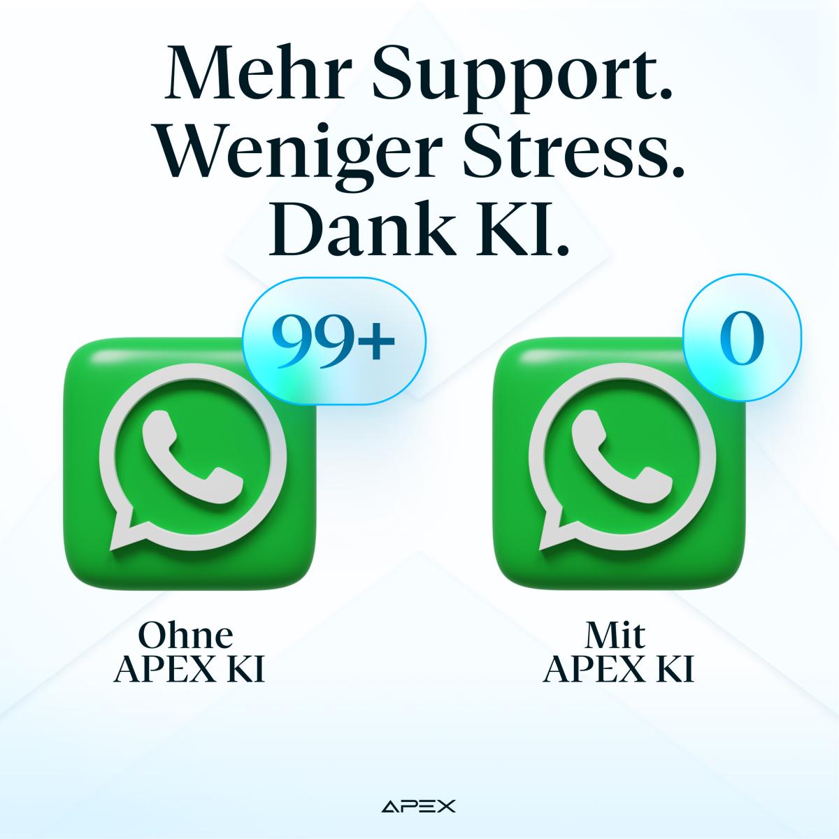 Überfüllte Postfächer, verpasste Anfragen und unnötiger Stress gehören der Vergangenheit an. Mit APEX KI werden WhatsApp-Anfragen automatisch beantwortet, qualifiziert und organisiert.