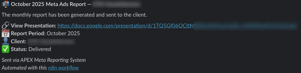Report fertig – automatisch erstellt und direkt in Slack gepusht. Das gleiche Setup funktioniert auch in Microsoft Teams oder per WhatsApp für maximale Transparenz im Team und beim Kunden.