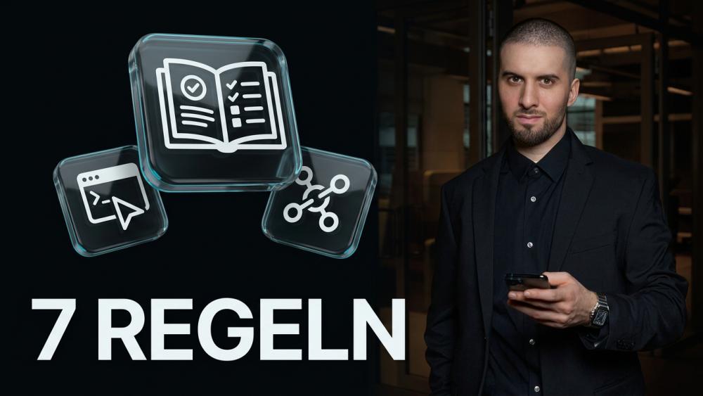 Mann mit Smartphone zeigt 7 Regeln für das richtige Prompten von Claude.