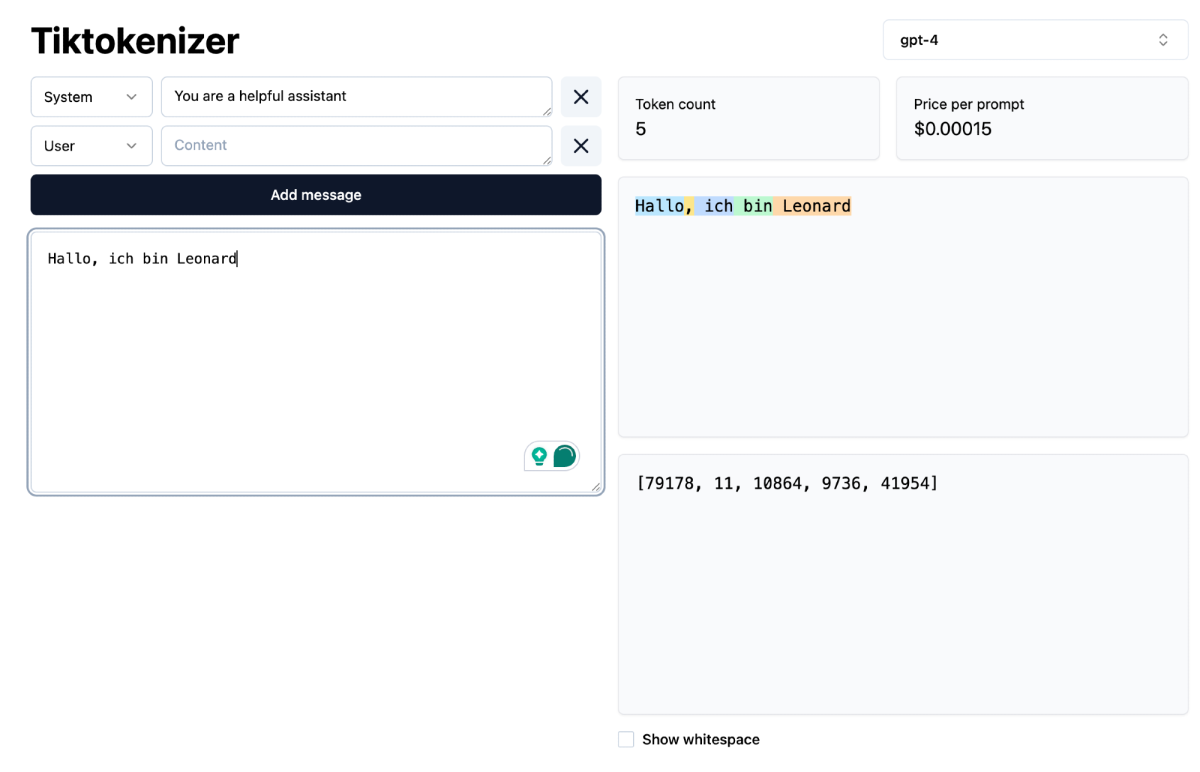 KI liest keine Sätze wie wir Menschen. Sie zerlegt Text in Tokens und verarbeitet diese als numerische Einheiten. Das ist die Grundlage jeder Antwort. Quelle:&nbsp;https://tiktokenizer.chatgptcn.com/