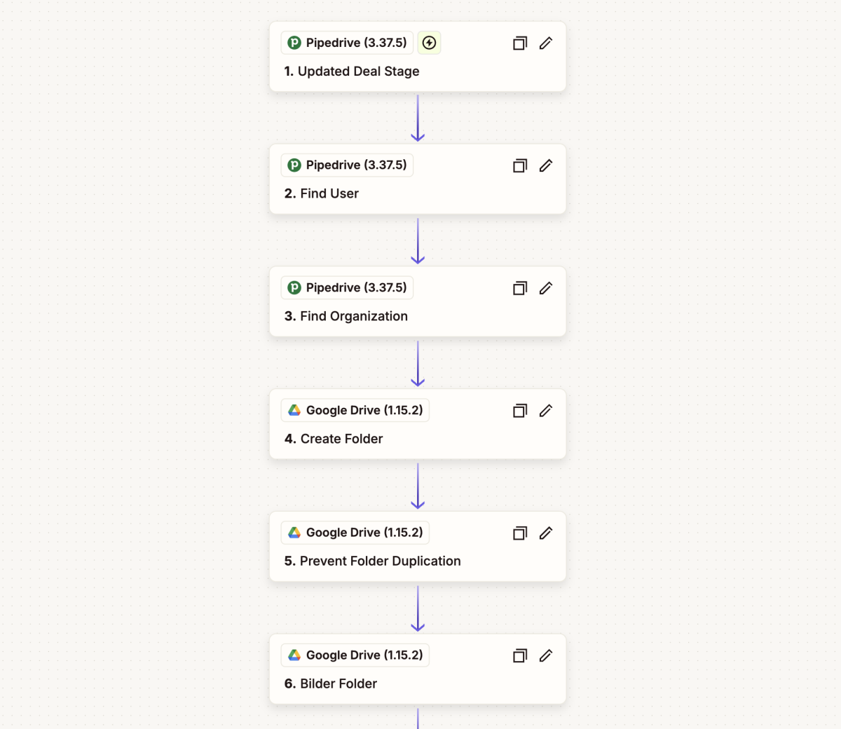 Dieser Zapier-Onboarding-Workflow erstellt automatisch strukturierte Google-Drive-Ordner für neue Kunden, sobald ein Deal in Pipedrive eine bestimmte Phase erreicht, und verknüpft dabei Nutzer- und Unternehmensdaten, um Dubletten zu vermeiden.