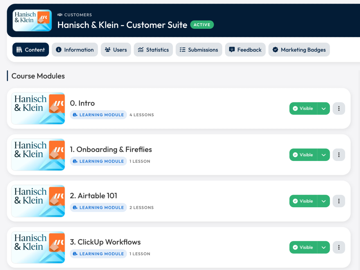 In unserer LearningSuite machen wir komplexe Automatisierungs- und Fulfillment-Prozesse für Kundenteams greifbar, strukturiert und dauerhaft nutzbar. Statt nur Systeme zu bauen und zu übergeben, upskillen wir die Menschen dahinter mit klaren Modulen, Schritt-für-Schritt-Lektionen und praxisnahen Workflows. So entsteht nicht nur Automatisierung, sondern echtes internes Enablement.