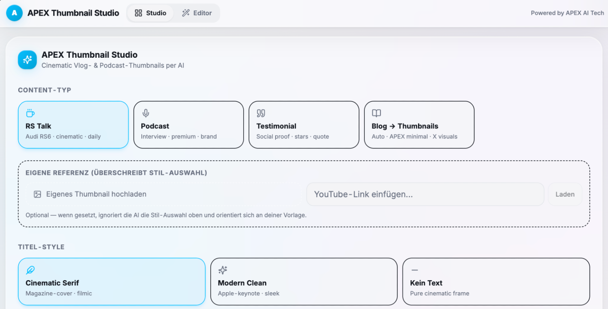 Unser interner Thumbnail-Generator für verschiedenste Formate. Solche Systeme bauen wir inzwischen am laufenden Band: individuell, sicher, geprüft und sauber in bestehende Fulfillment-Prozesse integriert. Melde dich, wenn dein Fulfillment-Team repetitive Design-, Content- oder Produktionsprozesse ebenfalls automatisieren möchte.