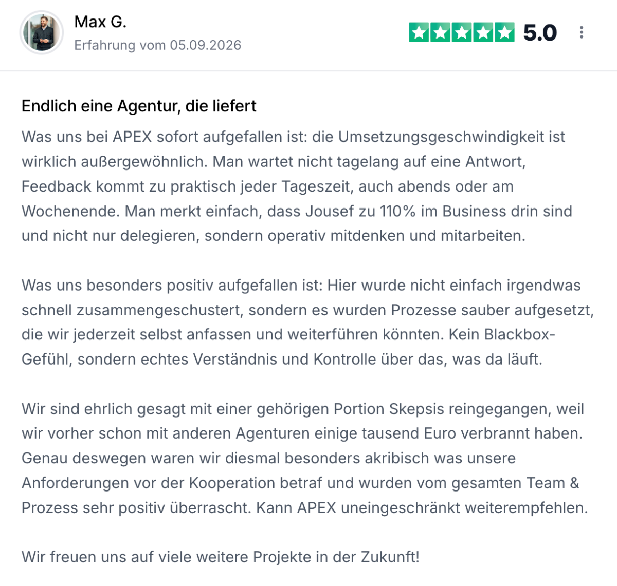 Positive Bewertung für die APEX Agentur von Max G. über schnelle Umsetzung.