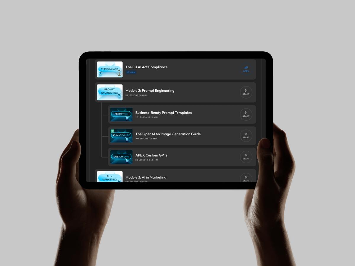 Einblick in die APEX Learning Suite: KI-Trainingsmodule für Marketing, Automatisierung und Business-Transformation.