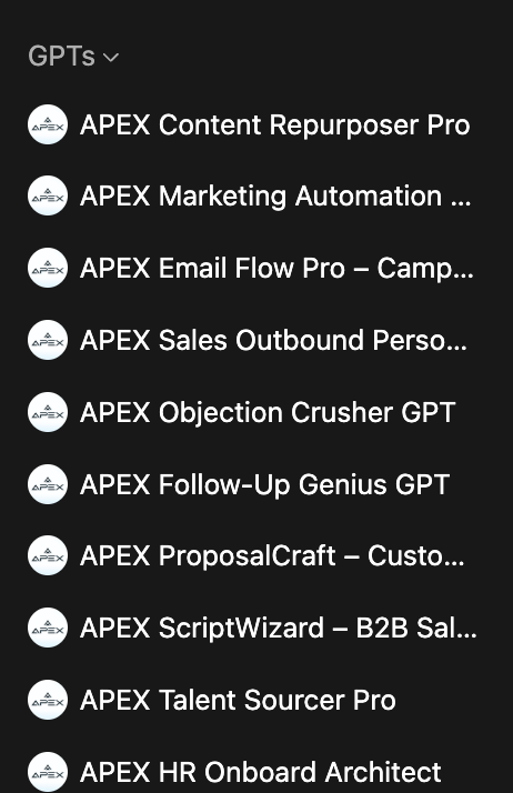 Ein Auszug meiner CustomGPTs: Spezialisierte KI-Tools für Content-Repurposing, Marketing-Automation, E-Mail-Kampagnen, Sales-Outbound, Einwandbehandlung, Follow-ups, Proposal-Erstellung, B2B-Skripte, Talent-Sourcing und HR-Onboarding.