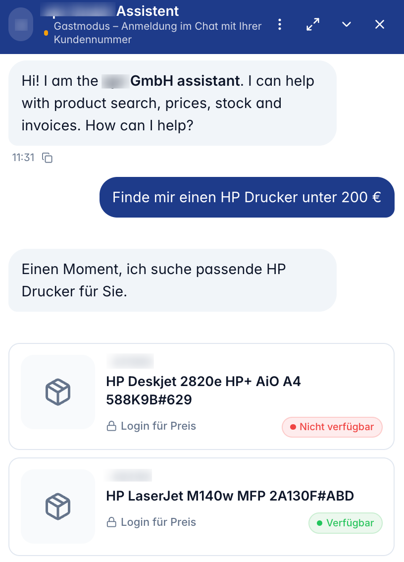 Ein KI-Assistent im Chat sucht nach HP Druckern unter 200 €.