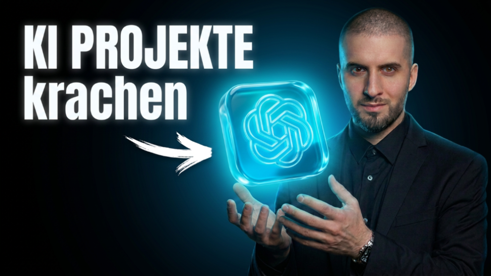 Der Mann zeigt auf ein leuchtendes Symbol, während er über KI Projekte spricht, die krachen.