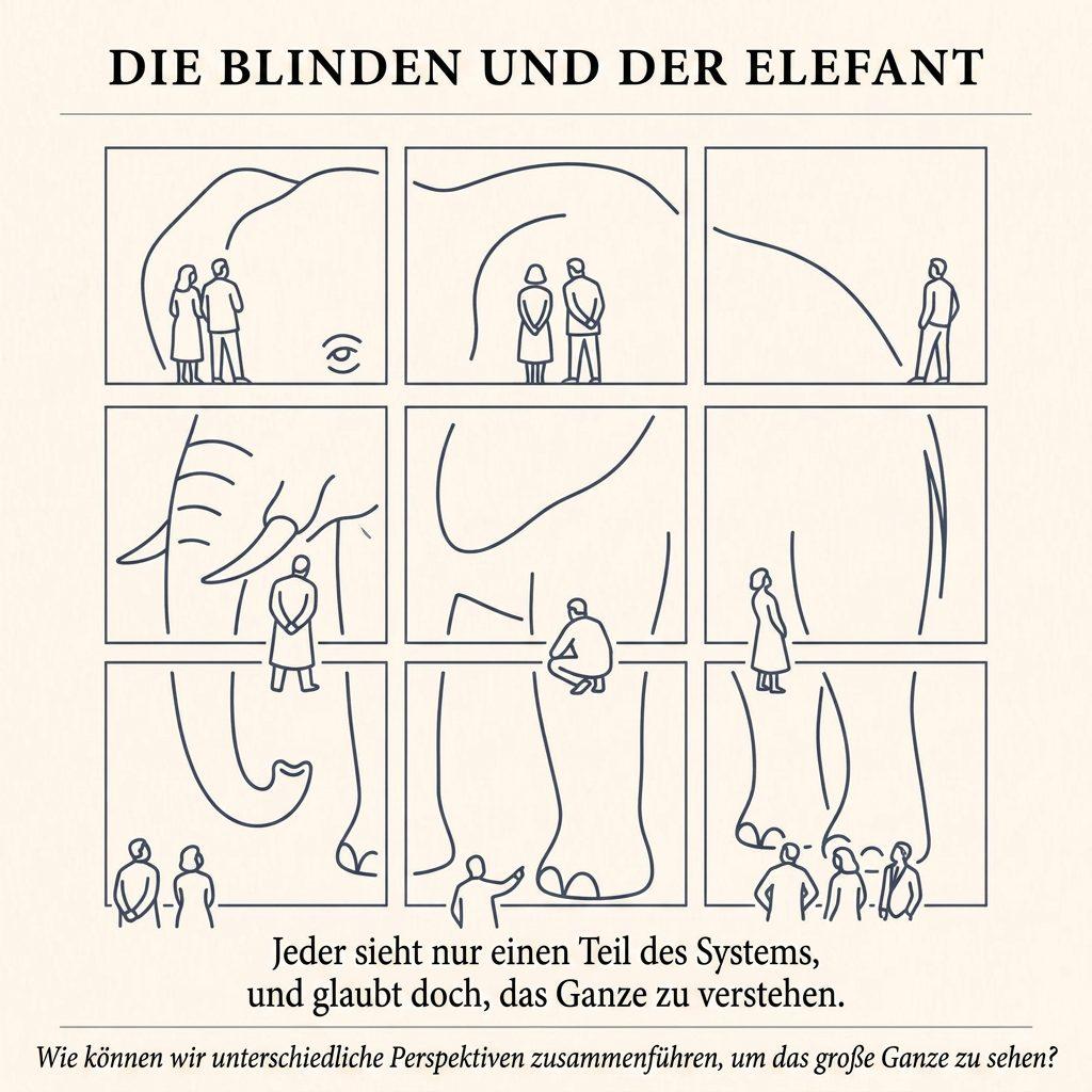 Die blinden Menschen um einen Elefanten zeigen unterschiedliche Perspektiven auf KI-Projekte, die scheitern.