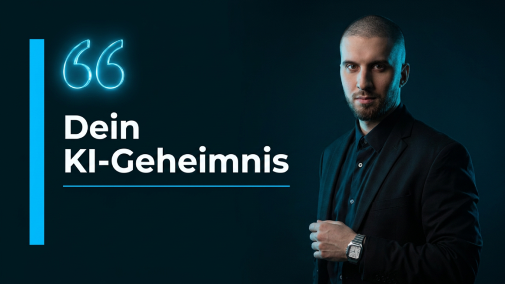 Ein Mann steht im Anzug und präsentiert dein KI-Geheimnis.