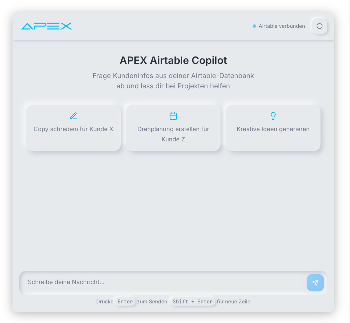 Screenshot des APEX Airtable Copilot Dashboards für Vibecoding.