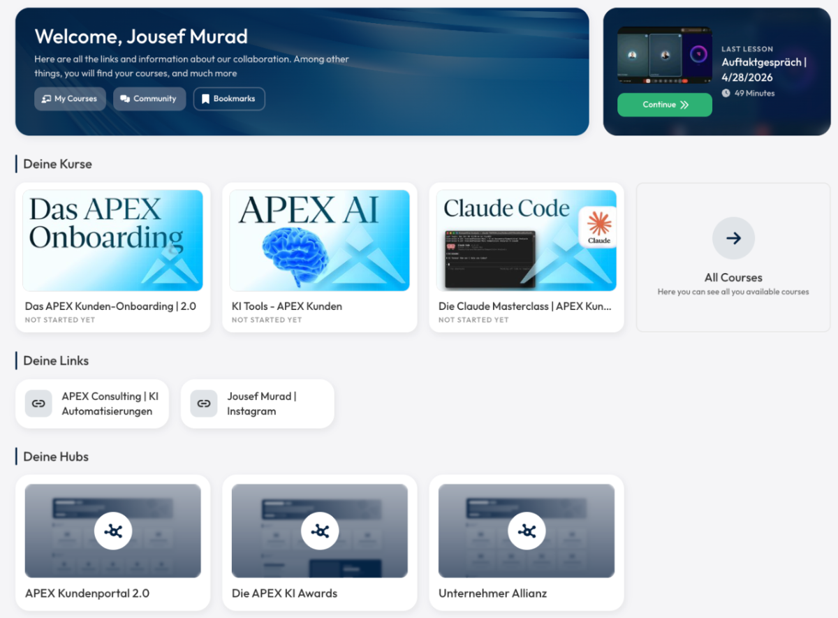 So sieht Kundenenablement bei APEX aus. Eine LearningSuite mit allen Kursen, Hubs und Tools, eingebettet inklusive der Intelligence Engine. Kunden finden selbst Antworten und nächste Schritte, statt für jede Frage einen Call zu buchen.