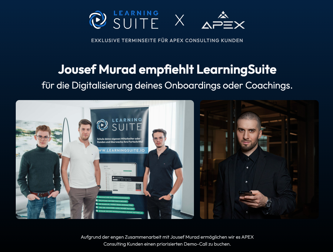 Mit LearningSuite baust du deine eigene Lernakademie in deinem Branding auf und kannst damit deine Kunden, Mitarbeiter oder Coaching-Teilnehmer ausbilden - https://learningsuite.io/ls-partner/jousef-murad