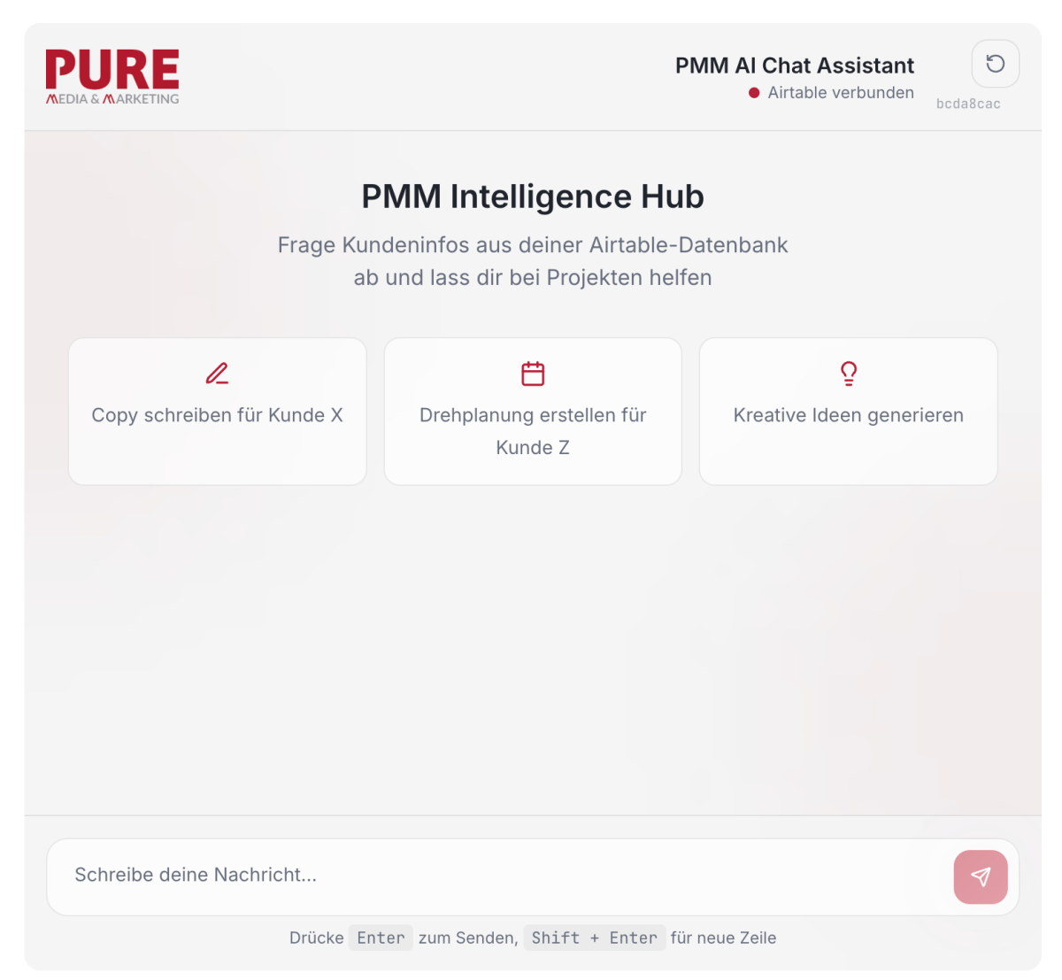 Screenshot des PMM Intelligence Hub mit Optionen zur Copy-Erstellung und Planung.