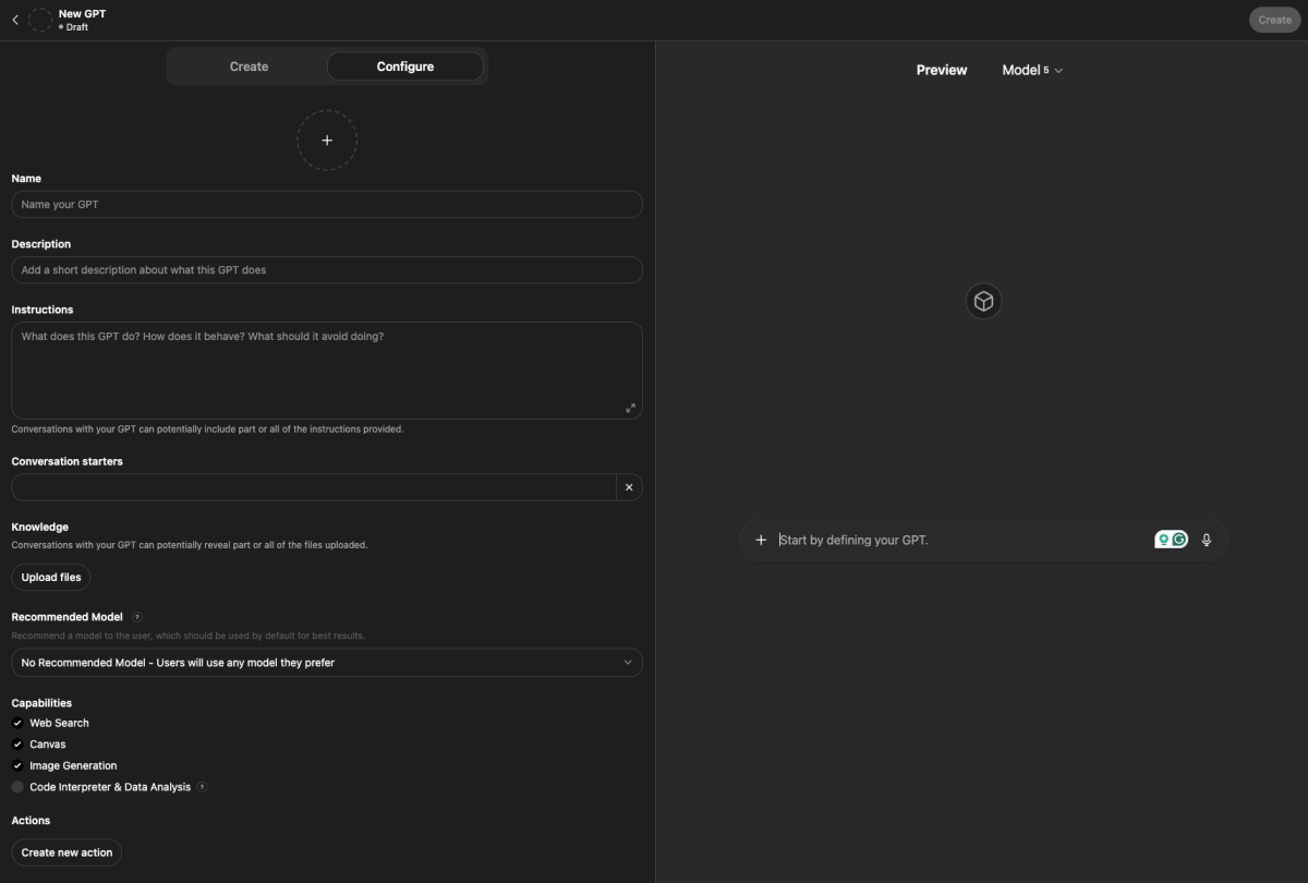 Der Custom-GPT-Editor: Links siehst du das Konfigurationsfenster, rechts daneben das Fenster zum Testen deines Assistenten.
