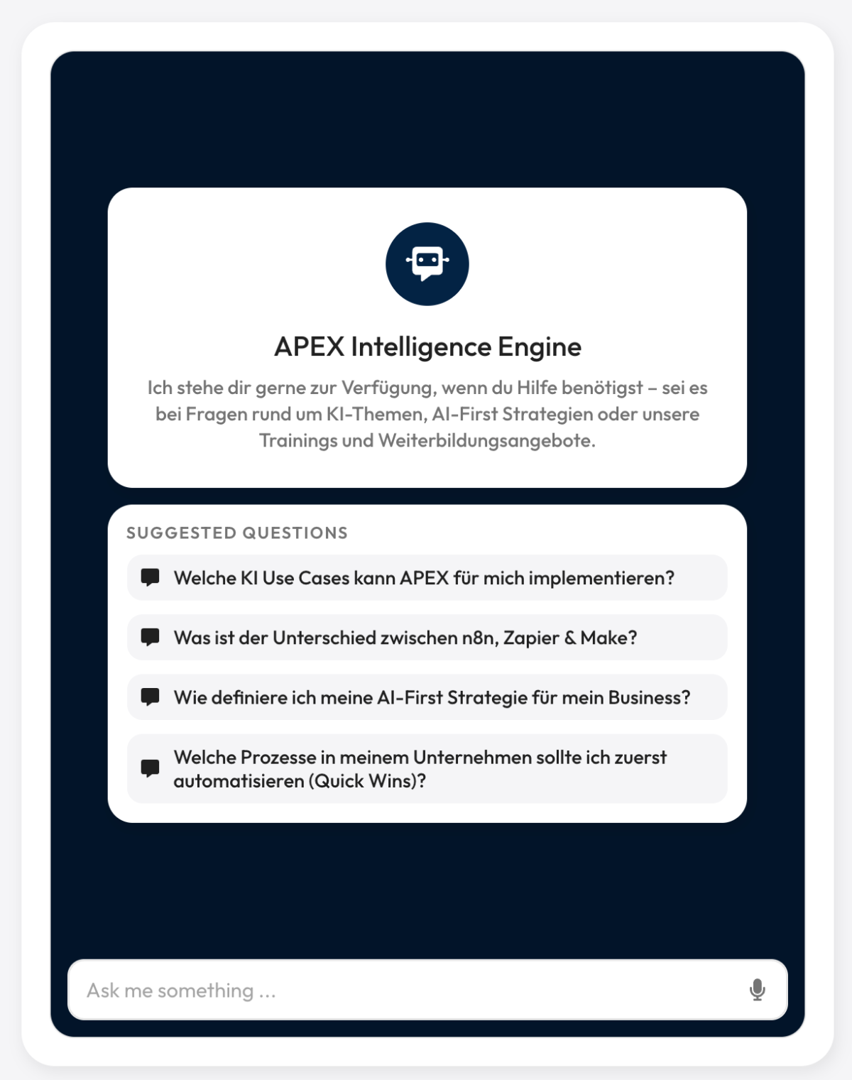 Interaktive Benutzeroberfläche der APEX Intelligence Engine zur KI Onboarding Strategie.