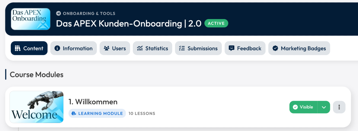 Onboarding-Plattform mit Kursmodulen und Willkommen-Nachricht für Kunden.
