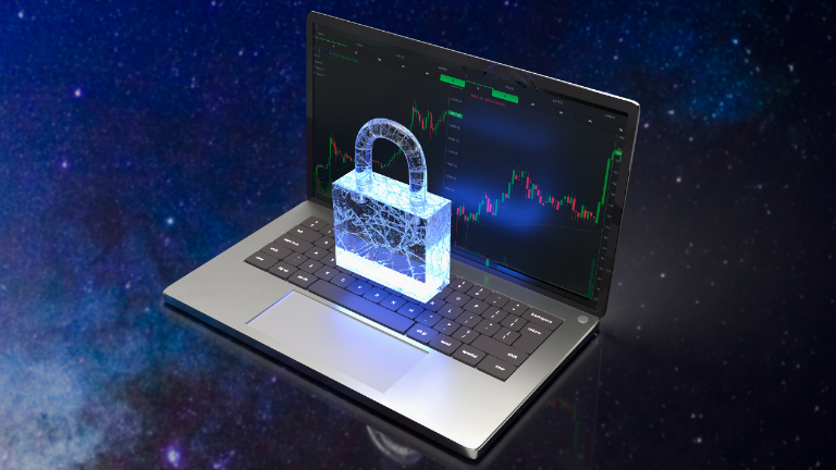 Ein Laptop mit einem digitalen Schloss symbolisiert Perplexity Datenschutz.