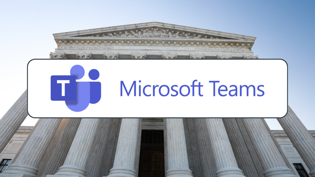Microsoft Teams Logo vor einem Gerichtsgebäude zur DSGVO-Diskussion.