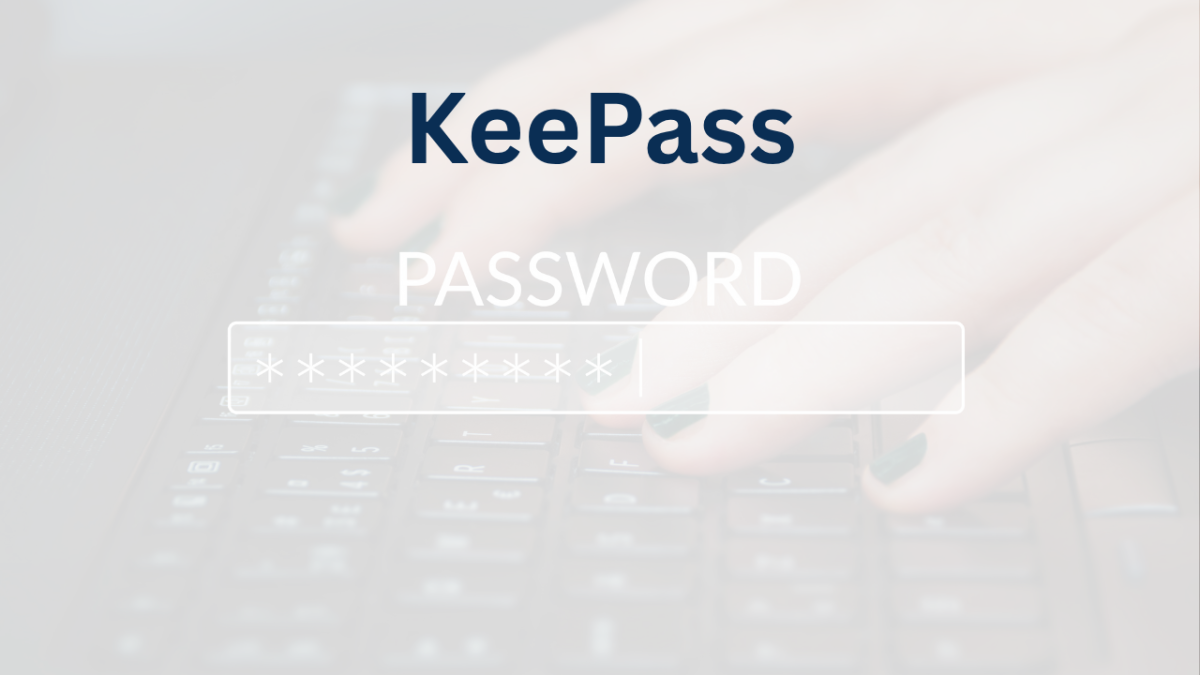 Eine Hand gibt ein Passwort auf einer Tastatur ein; KeePass DSGVO steht über dem Passwortfeld.