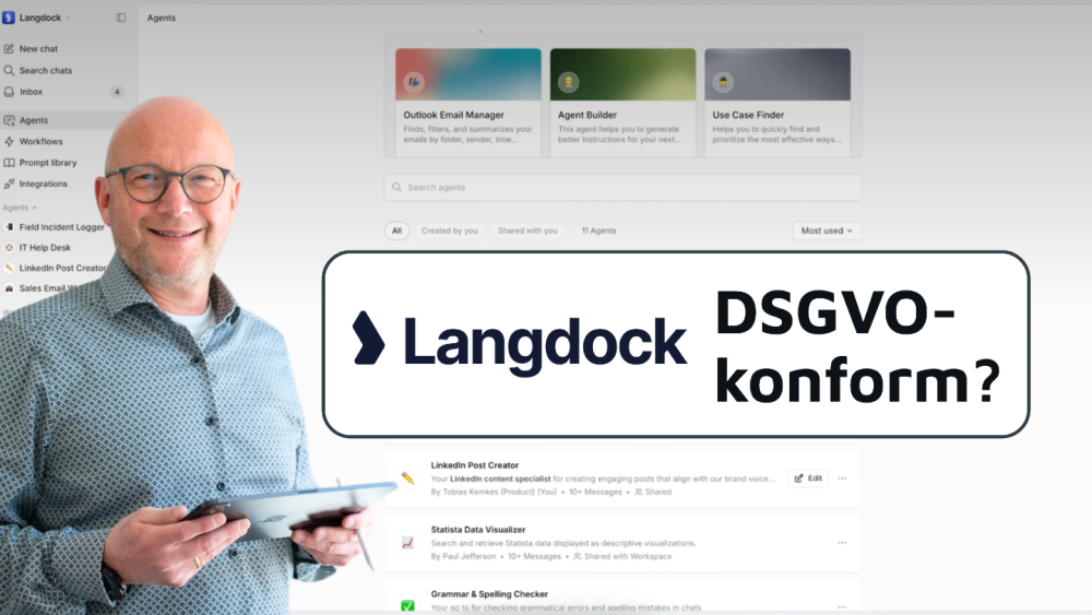 Eine Person hält ein Tablet und betrachtet Longdock, das DSGVO-konform ist.