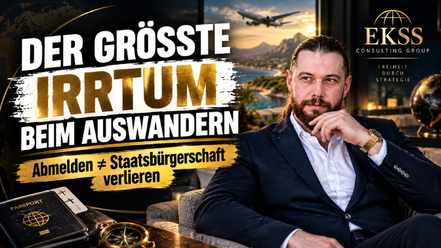 Mann in Anzug mit Reisepass, der über den Irrtum beim Auswandern spricht.