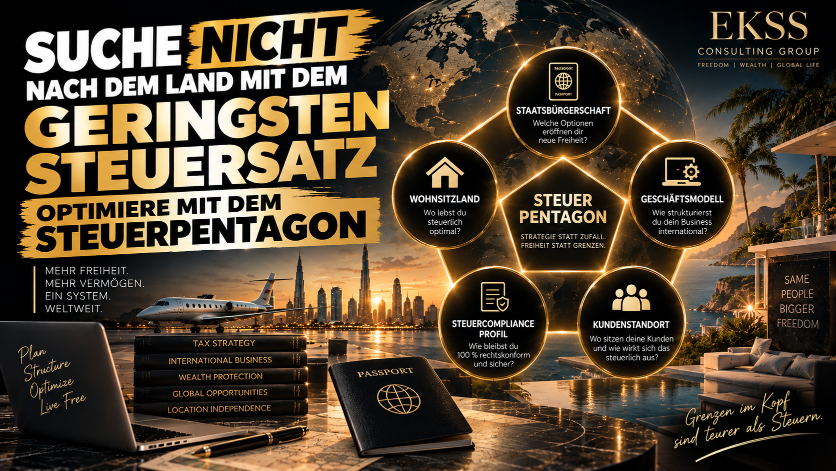 Grafik mit dem Hinweis, nicht nach dem geringsten Steuersatz zu suchen, Tipps zur Steueroptimierung wie das Steuerpentagon.